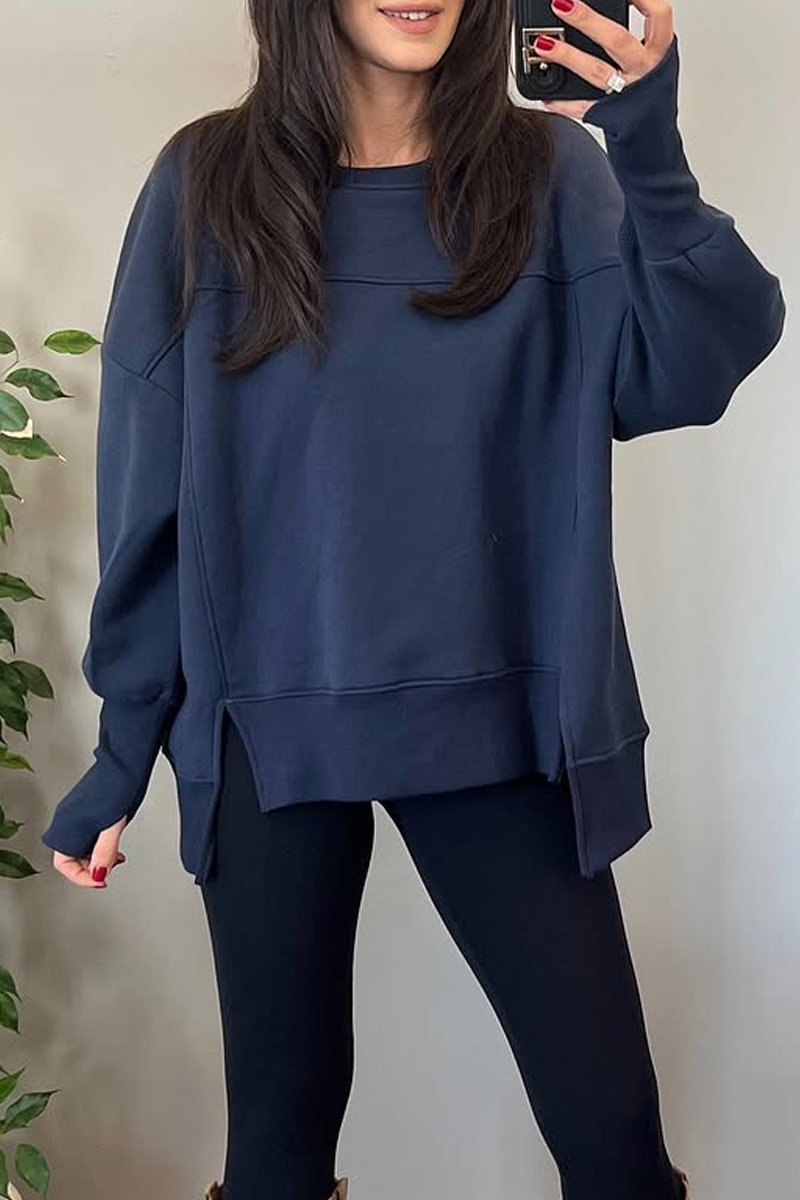 Women's casual round neck with slit hem sweatshirt