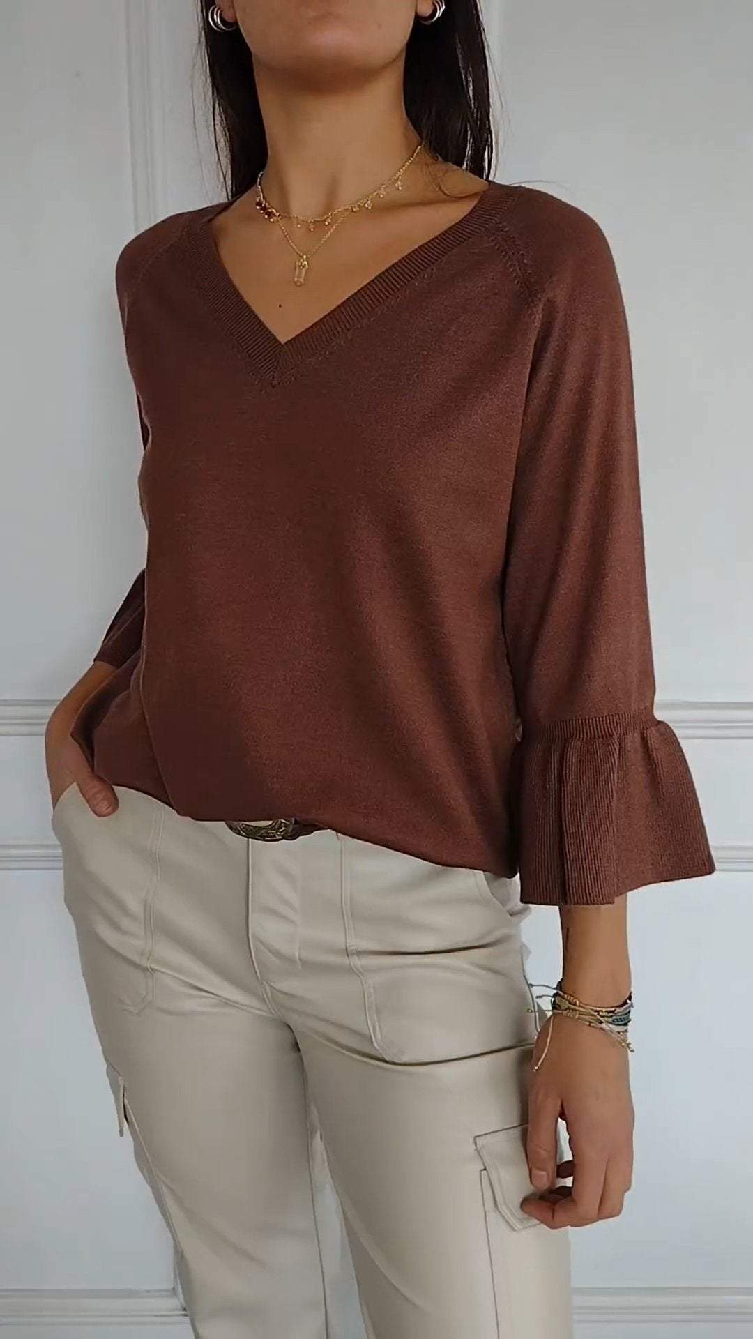 Casual V-neck Bell Sleeve Top