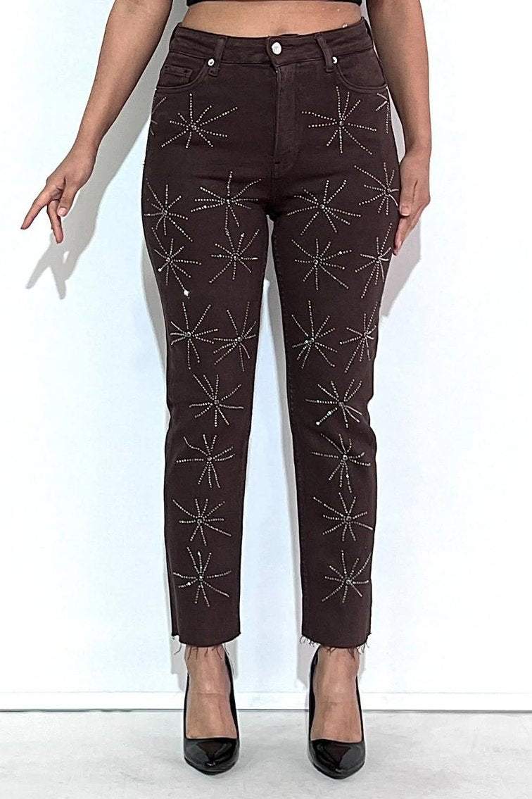 Women's Casual Fireworks Pattern Rhinestone Skinny Jeans