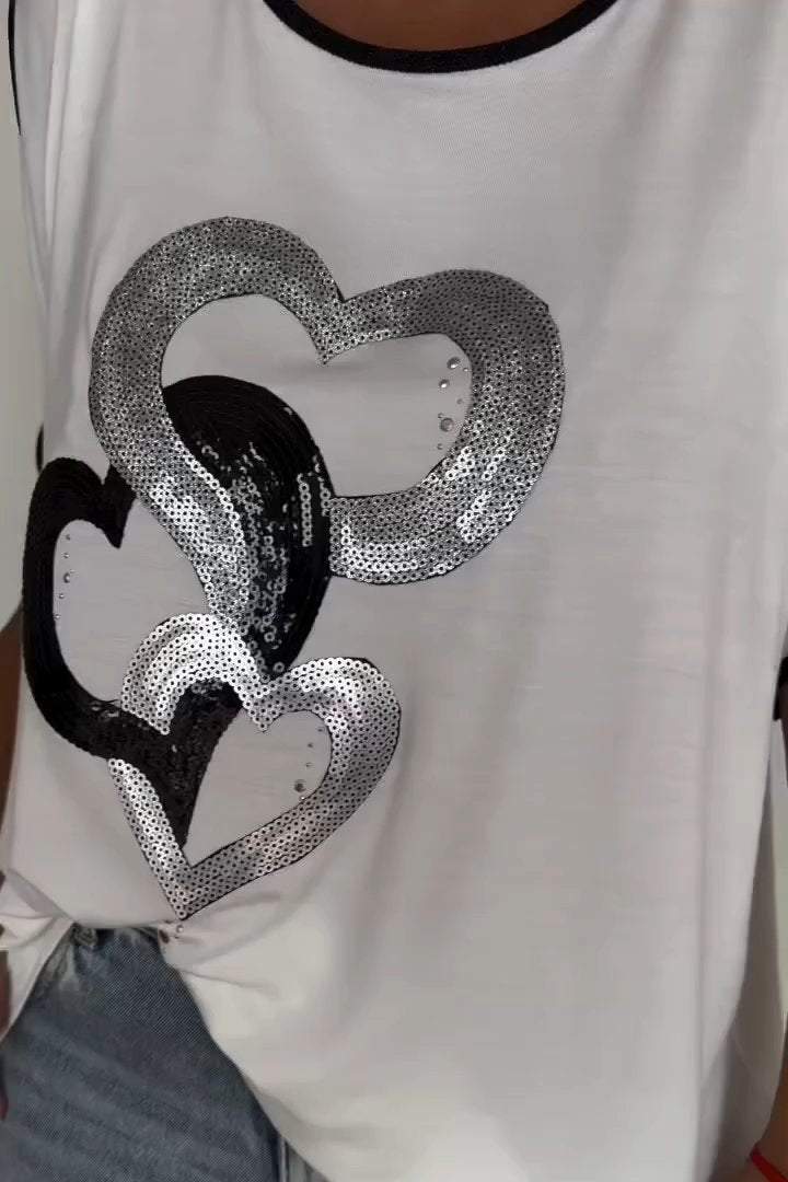 Women's Casual Sleeve Hollow Design Heart Silver Hot Stamping T-shirt Top