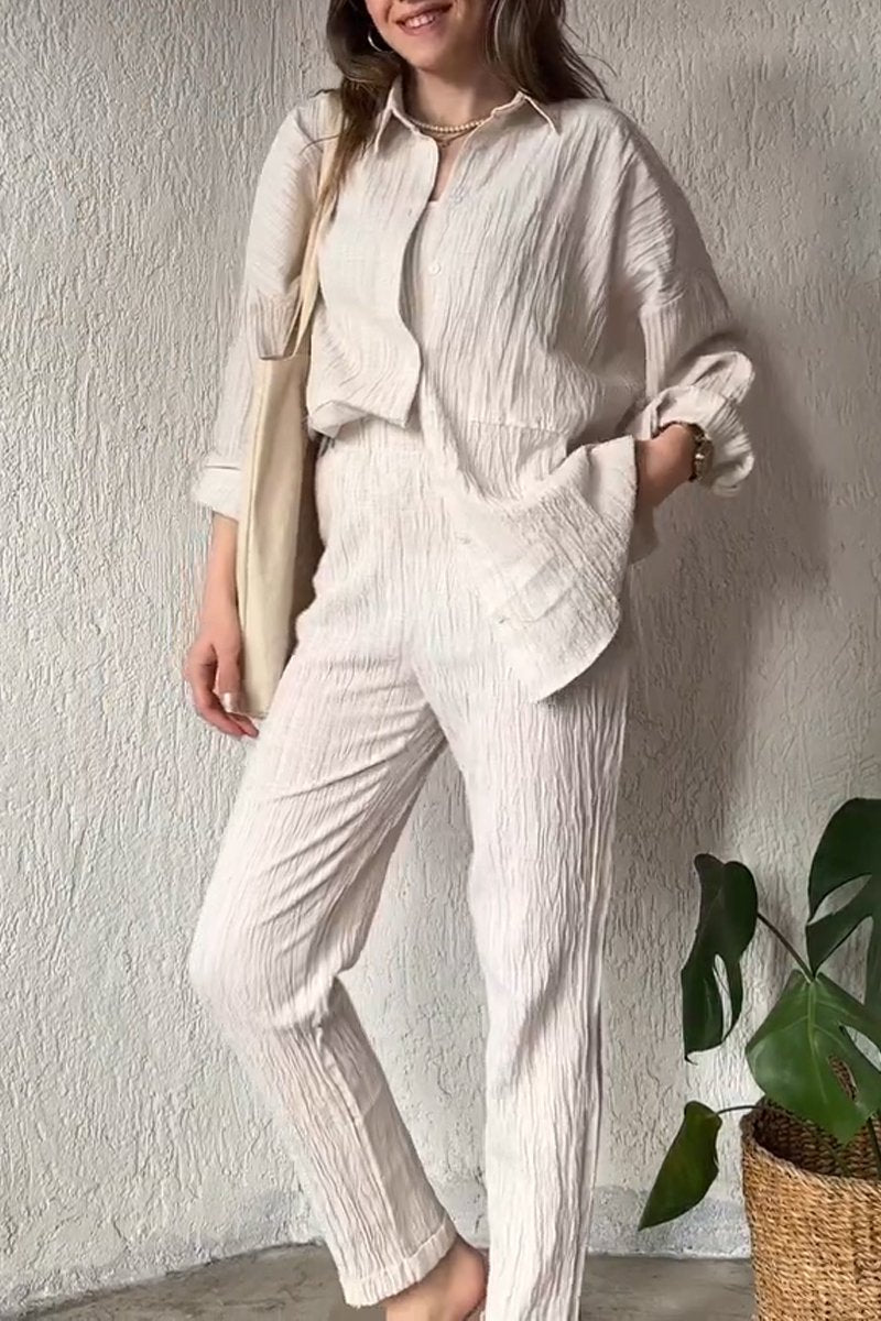 Women's casual cotton and linen pleated textured fabric shirt and pants two-piece set