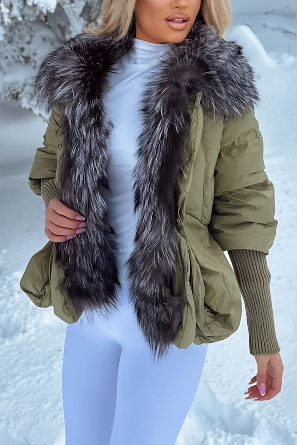 Women's Casual Solid Color Warm Large Fur Collar Cotton Coat