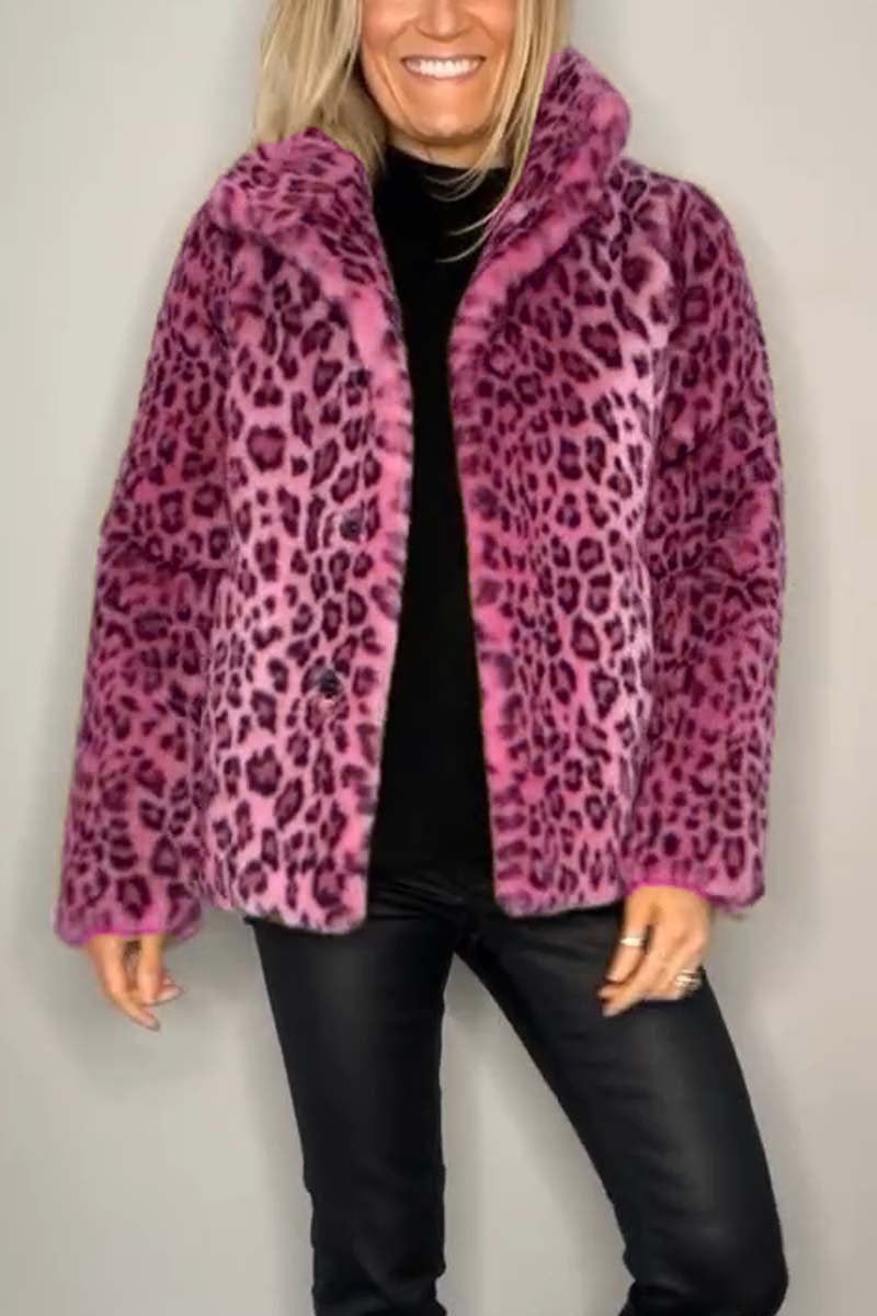 Women's Fashionable Leopard Lapel Faux Fur Winter Coat