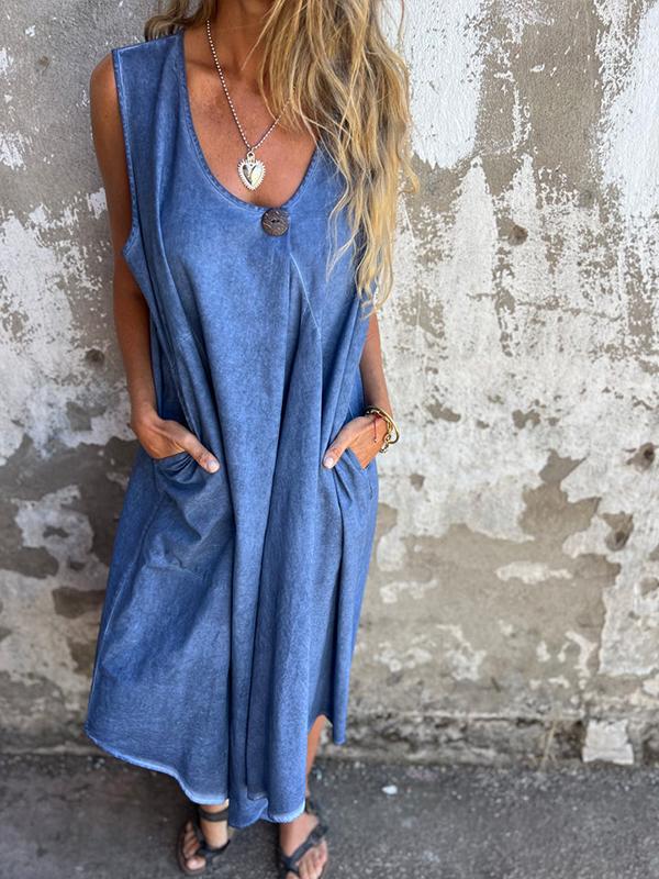 Casual U-neck pocket button dress