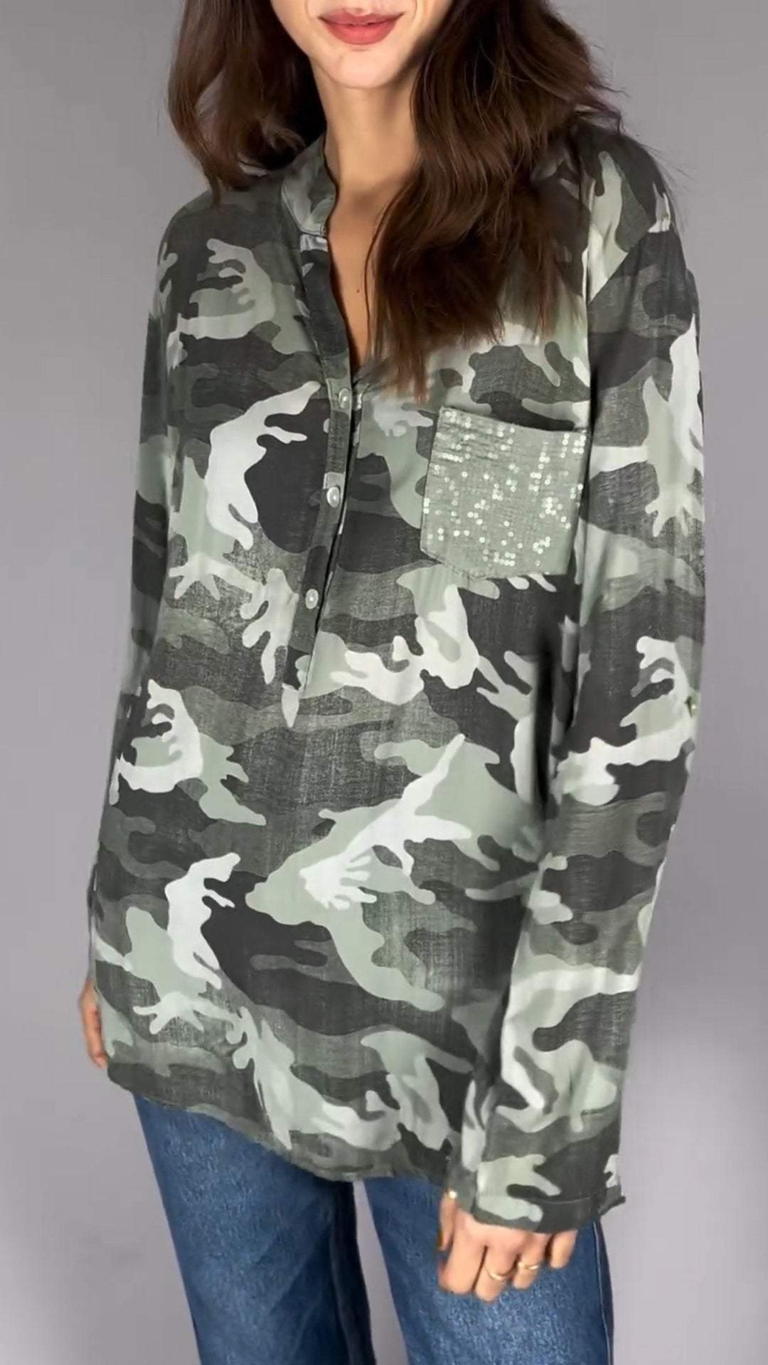 Women's V-neck Camouflage Sequined Long-sleeved Casual Shirt