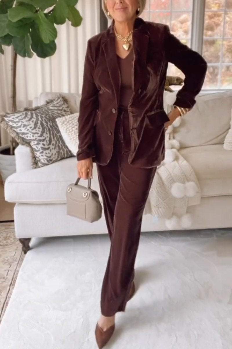 Women's Casual Lapel Solid Color Suede Two-piece Suit