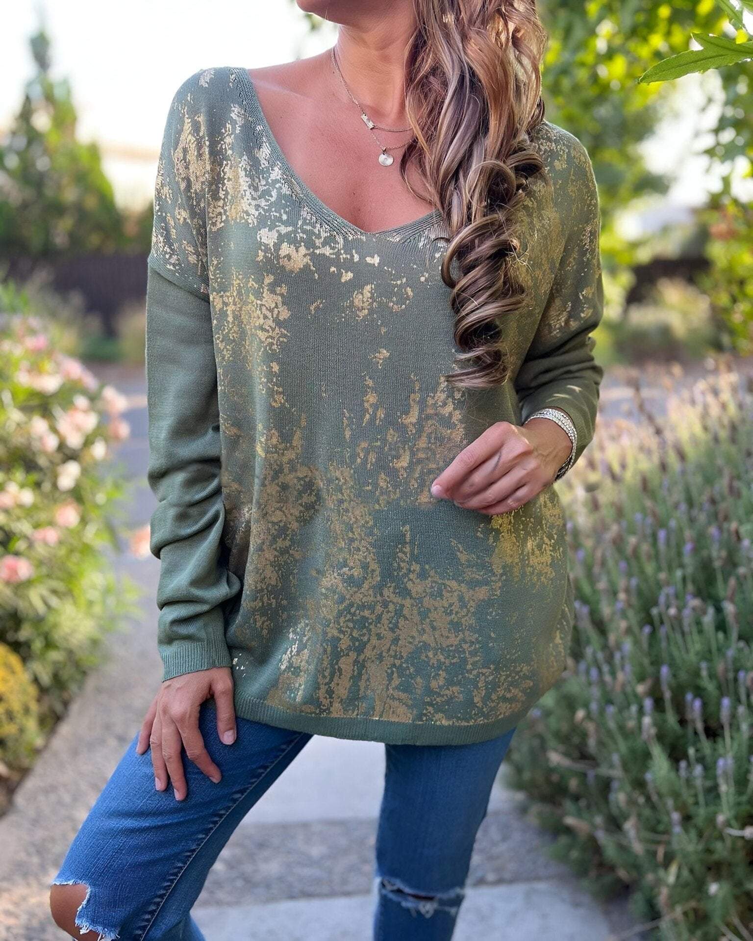 Women's V-neck Long Sleeve Hot Gold Casual Top