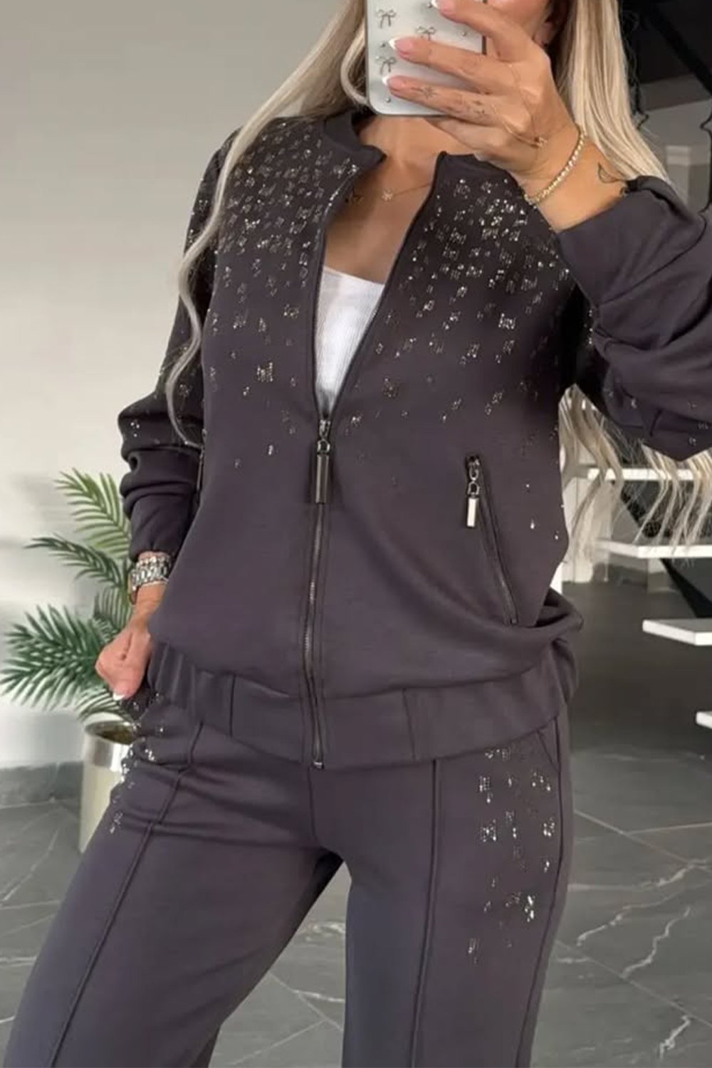 Women's Casual Rhinestone Zipper Two-piece Suit