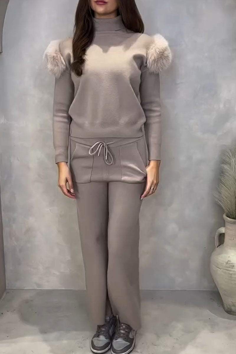 Casual Solid Color Knitted Long-sleeved Two-piece Set