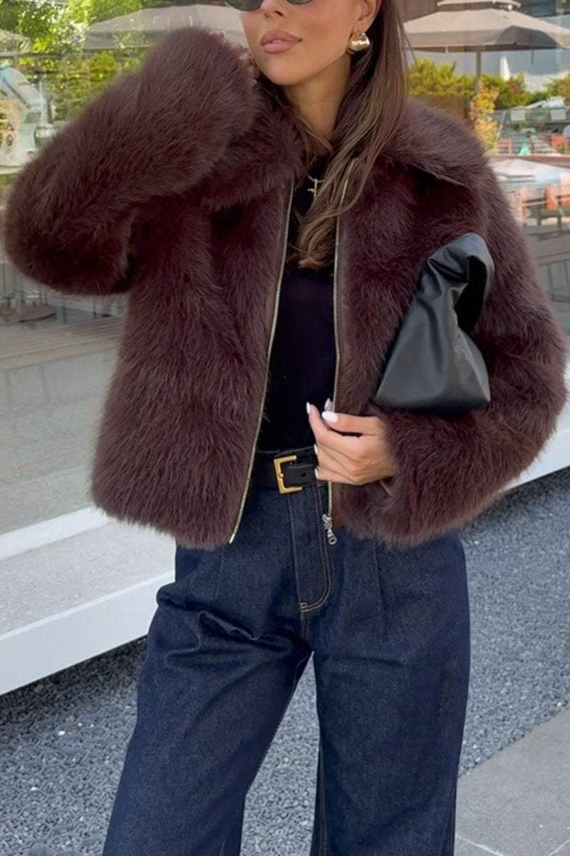 Women's Fashion Lapel Solid Color Faux Fur Winter Coat