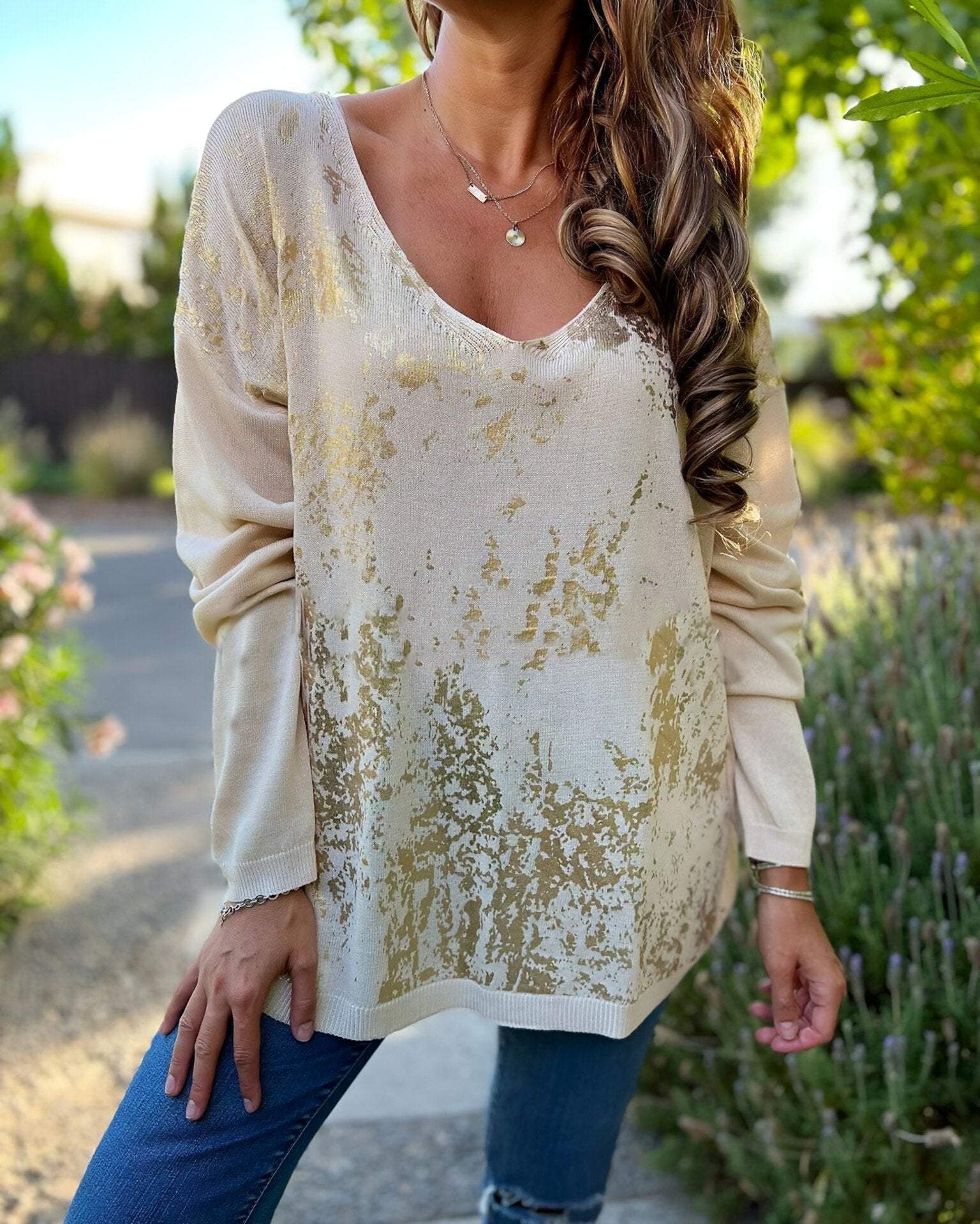 Women's V-neck Long Sleeve Hot Gold Casual Top