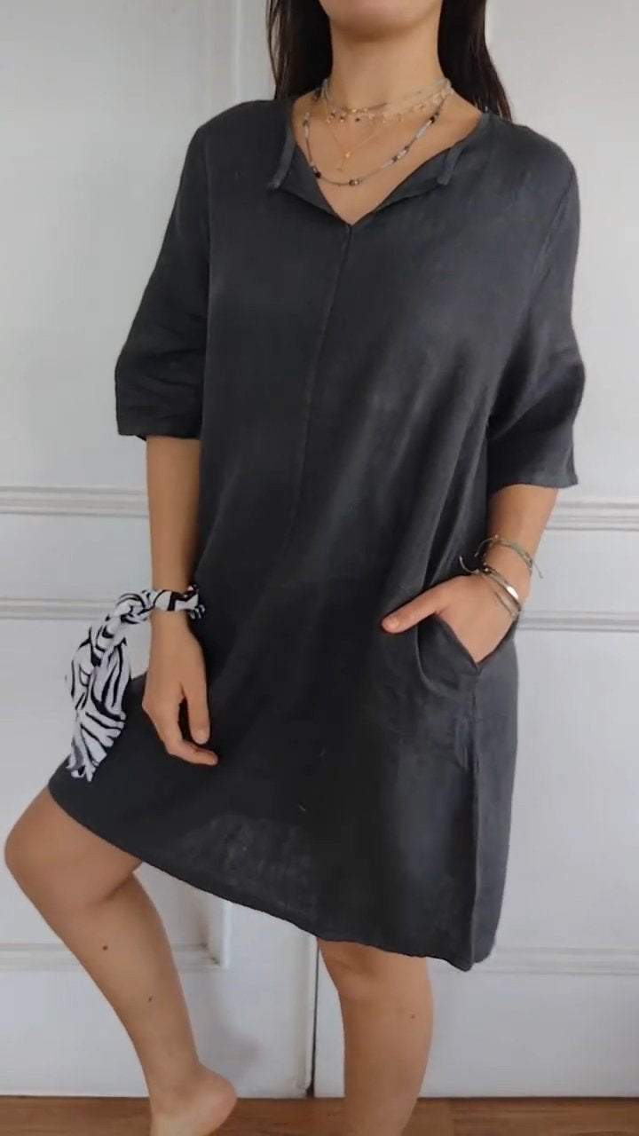 Women's V-neck Sleeve Cotton and Linen Casual Dress