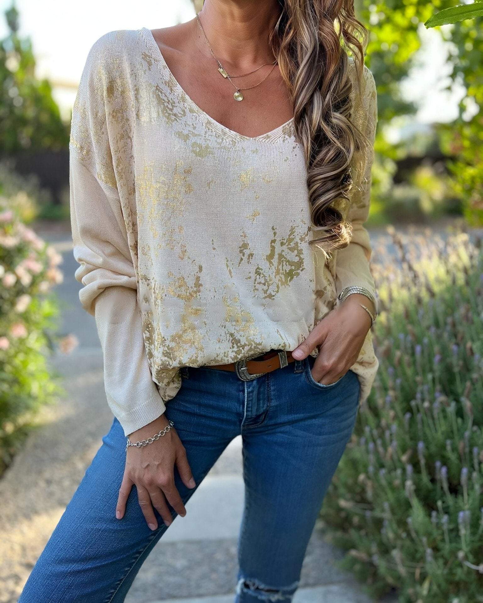 Women's V-neck Long Sleeve Hot Gold Casual Top