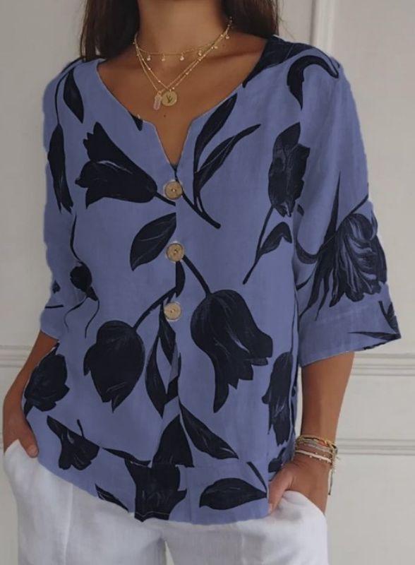 Printed cotton and linen V-neck short-sleeved pullover shirt