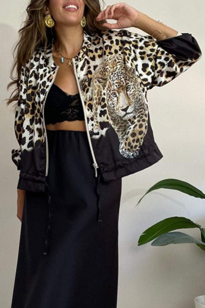 Women's Casual Round Neck Leopard Printed Zipper Jacket