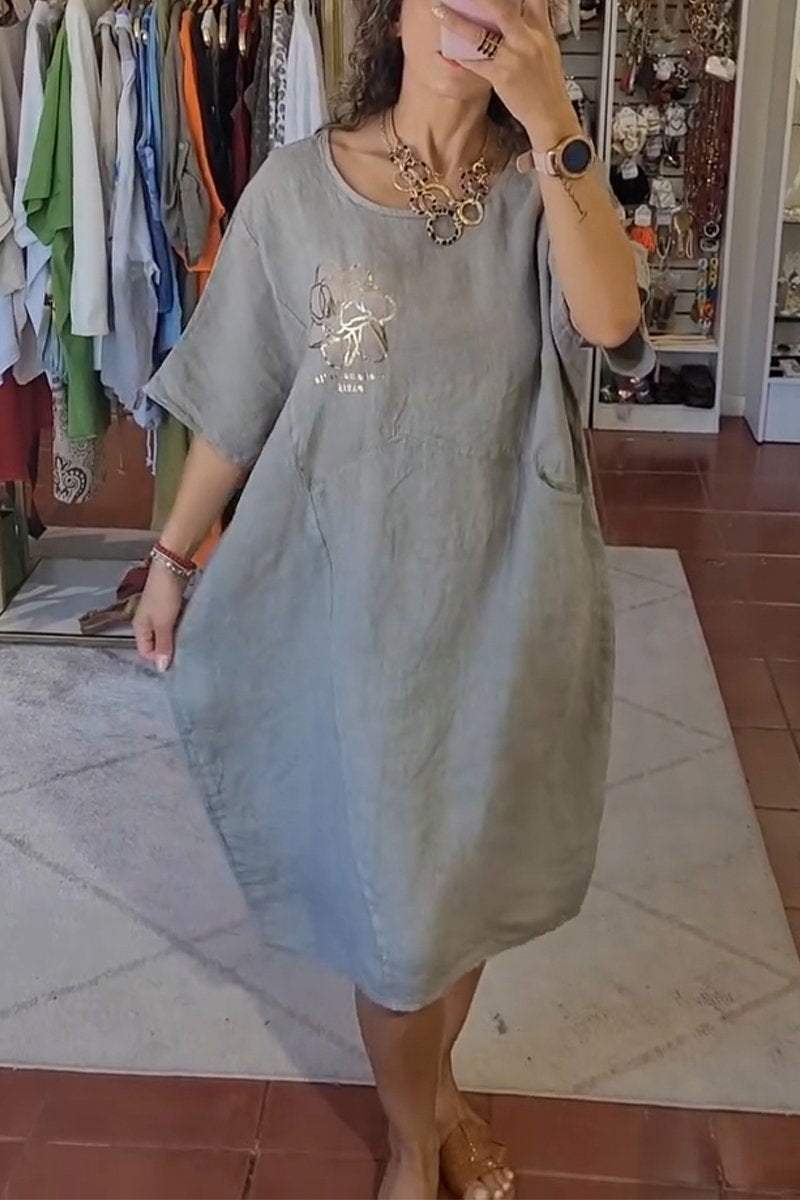 Women's Casual Round-neck Printed Cotton and Linen Dress