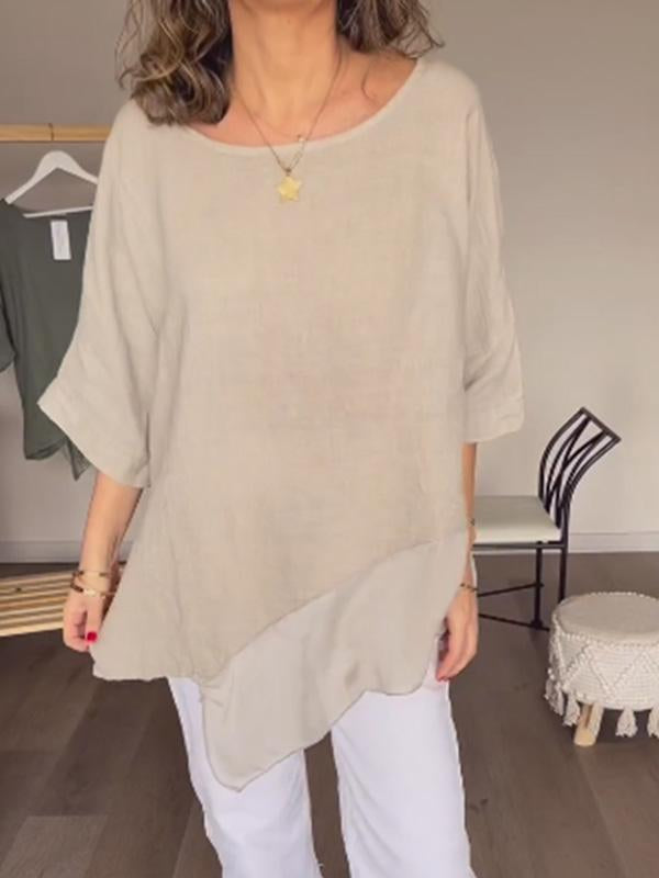 Casual round neck mesh patchwork cotton and linen top