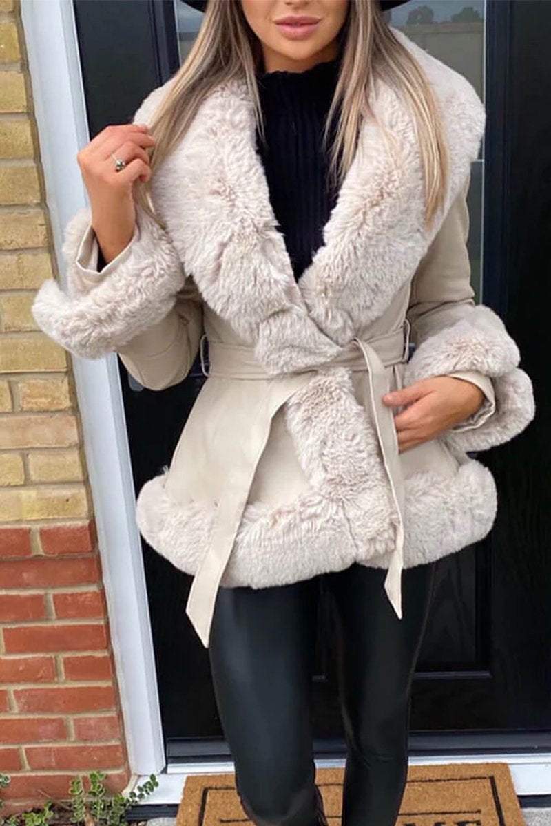 Women's V-neck Fur Patchwork Leather Jacket