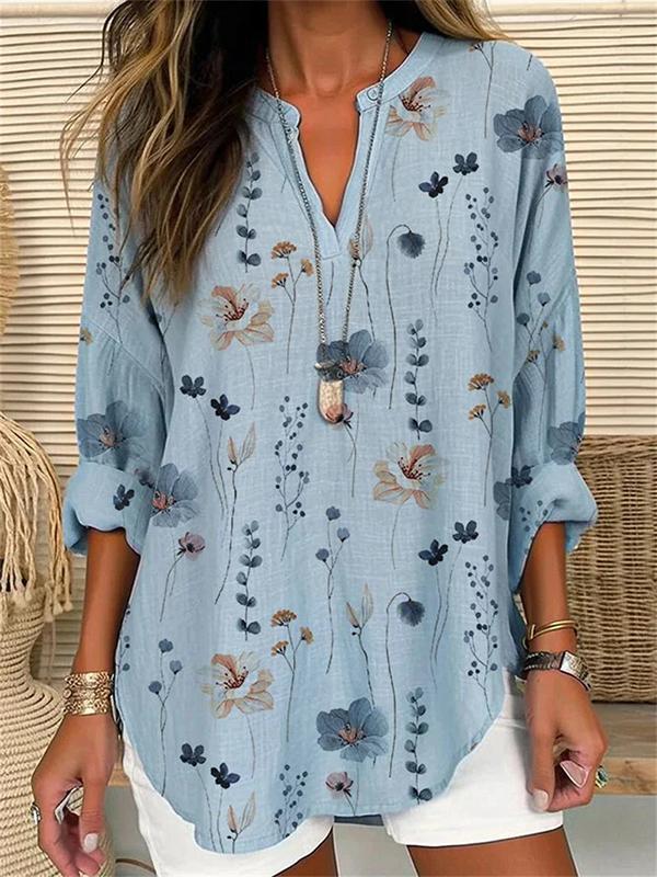 Women's V-neck Casual Printed Long-sleeved Shirt