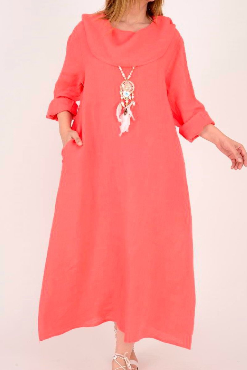 Women's Casual Solid Color Cotton and Linen Long Sleeve Dress