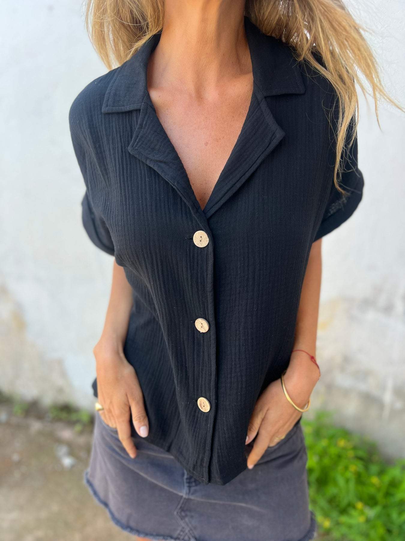 Casual Button-down Lapel Cotton Linen Short-sleeved Blouse