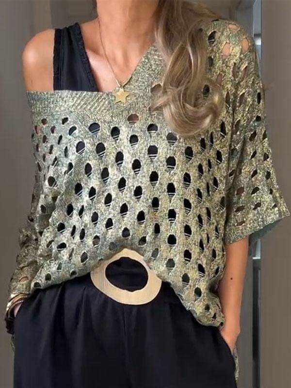 Women's V-neck Long Sleeve Hollow Blouse