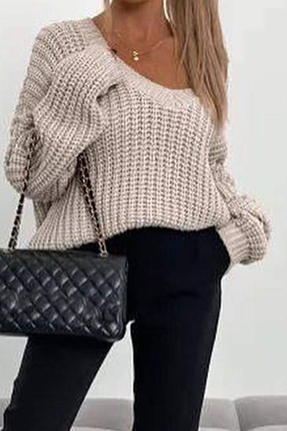 Women's Solid Color V-neck Top Sweater