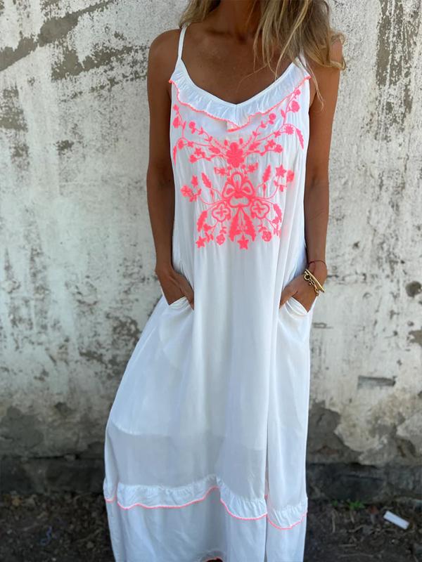 Embroidered floral lace slip dress with pocket