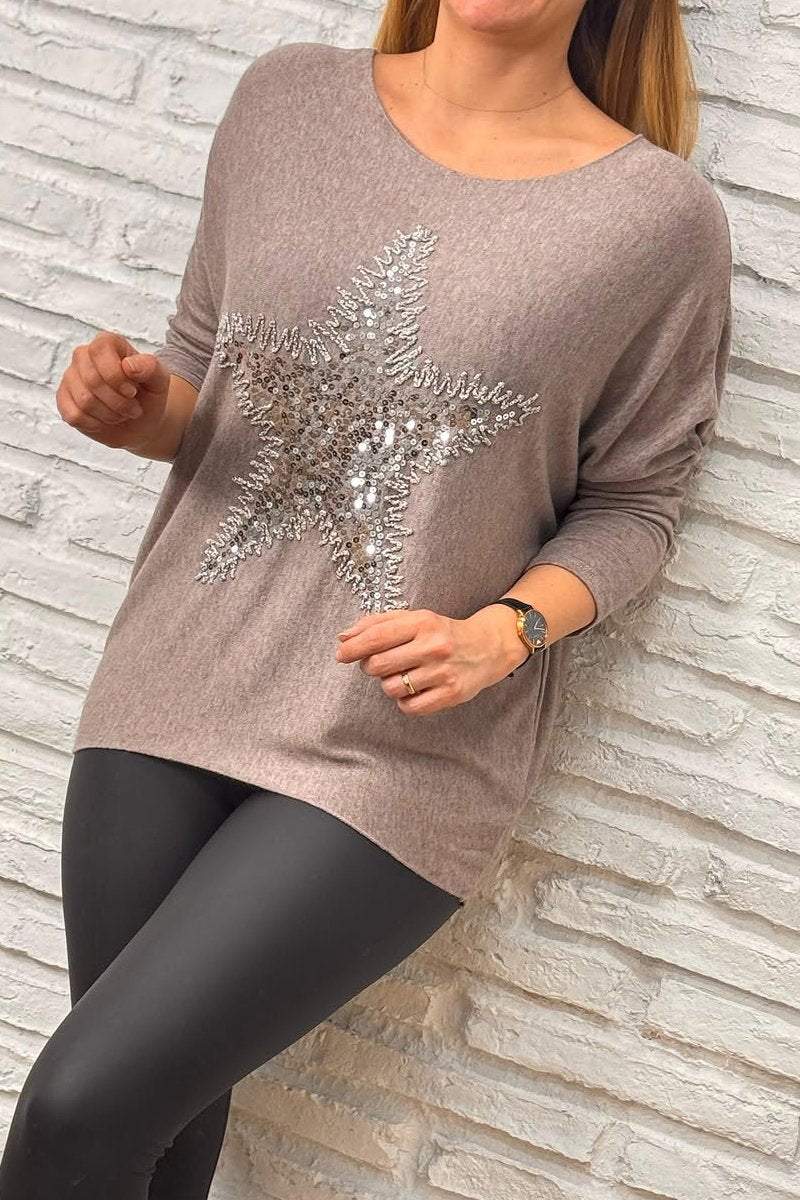 Women's casual with sequins and stars round neck T-shirt