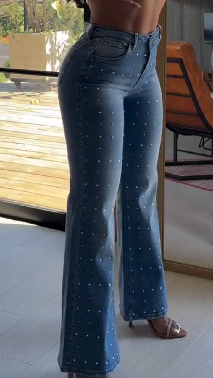 Women's High-elasticity Slim Fit Rhinestone Flared Jeans