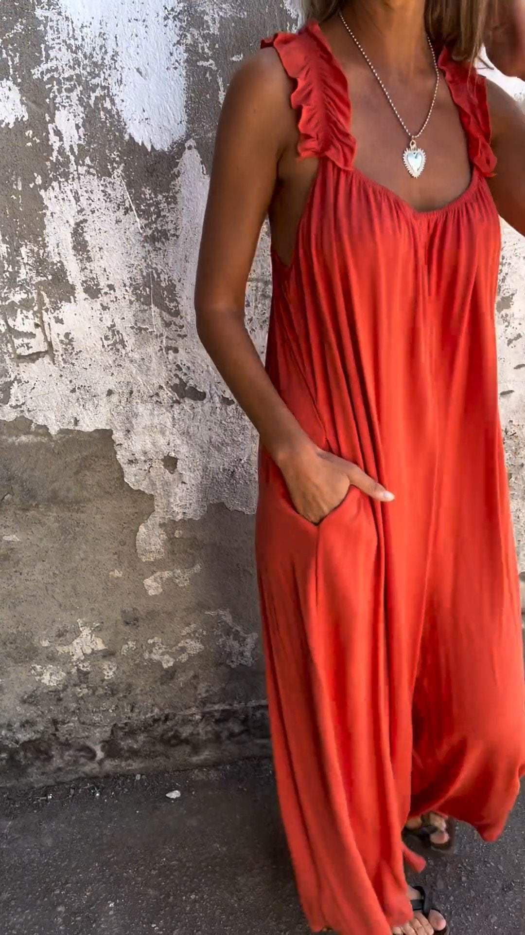 Solid Color V-neck Comfortable Jumpsuit