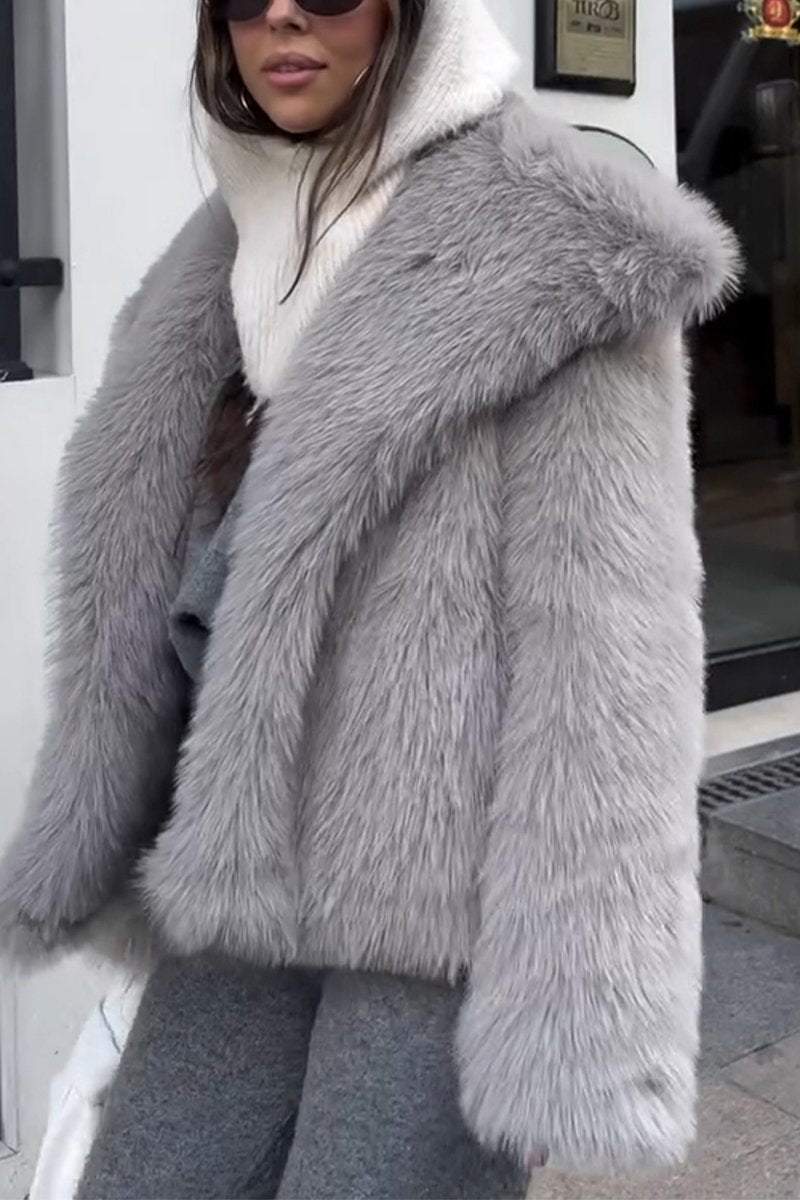 Women's Fashion Lapel Solid Color Faux Fur Winter Coat