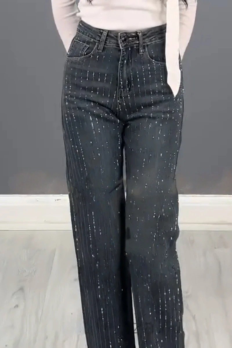 Women's Fashion Striped Diamond Embellished Jeans