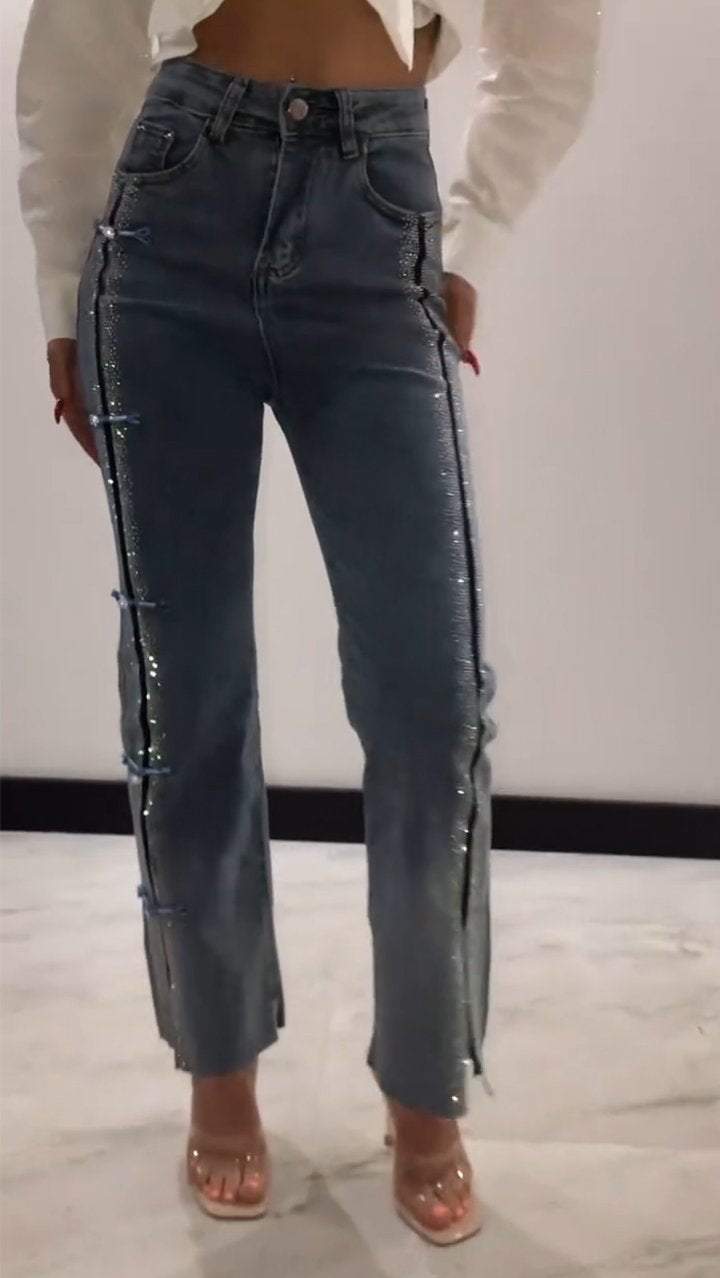 Women's Hot Diamond Patchwork Design Slit Slim Jeans