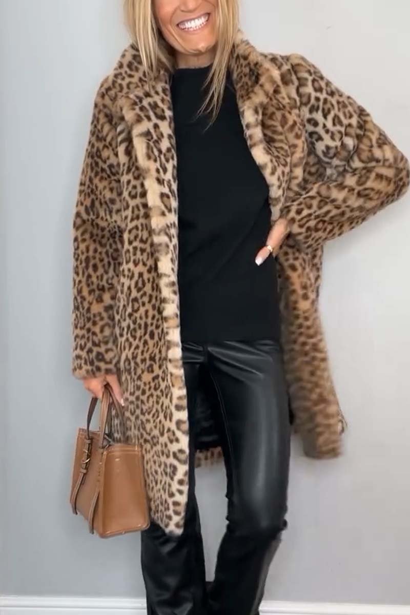 Women's Fashionable Leopard Lapel Faux Fur Winter Coat