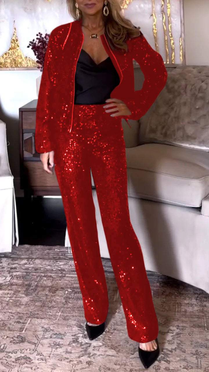 Women's Round Neck Zipper Sequin Top + Trousers Casual Suit