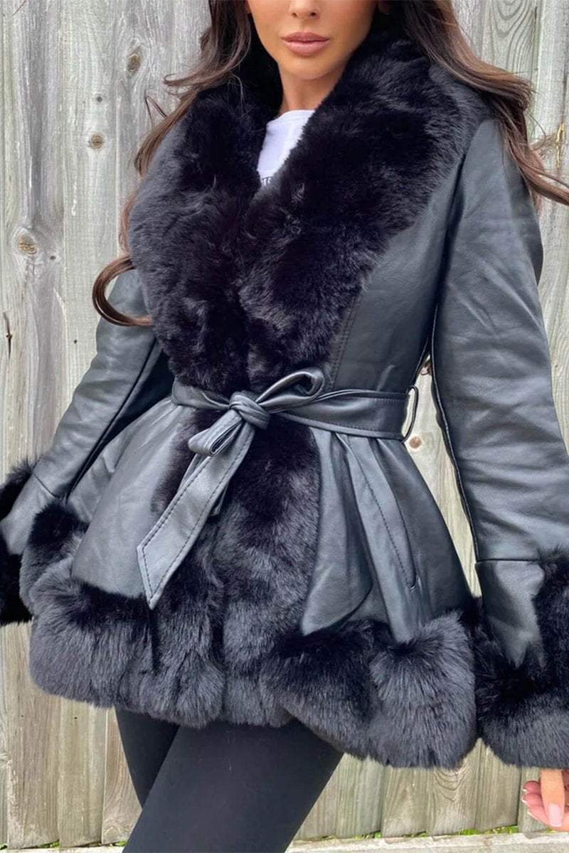 Women's V-neck Fur Patchwork Leather Jacket