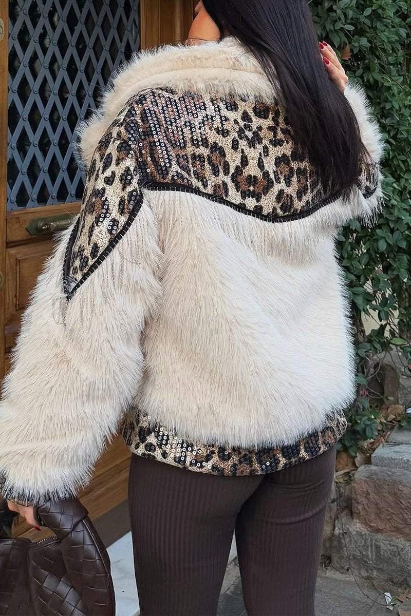 Women's Casual Luxury Warm Leopard Print Sequined Fur Patchwork Jacket