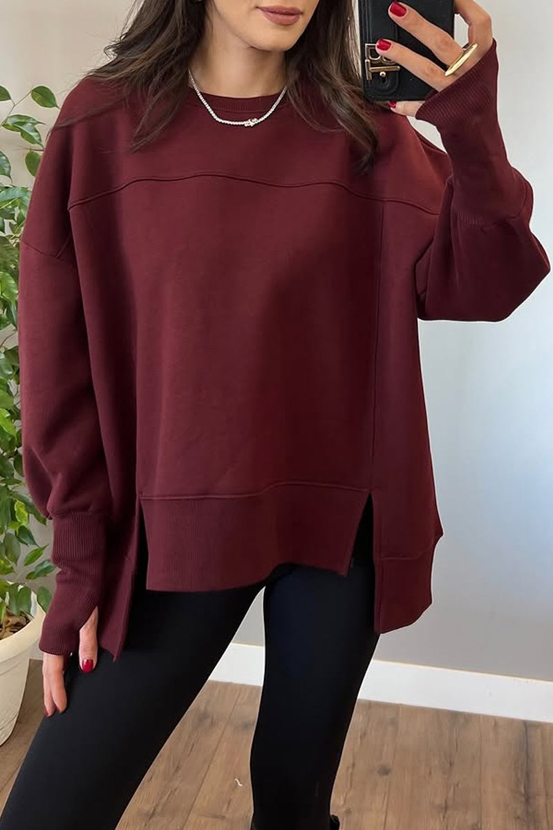 Women's casual round neck with slit hem sweatshirt