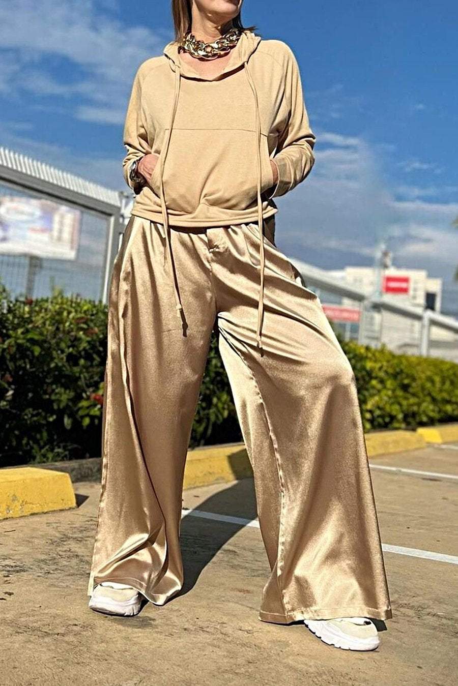 Women's Hooded Top & Satin Loose Pants Two-piece Set