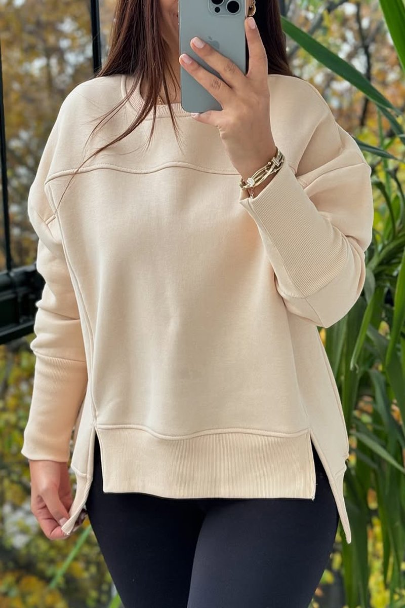 Women's casual round neck with slit hem sweatshirt