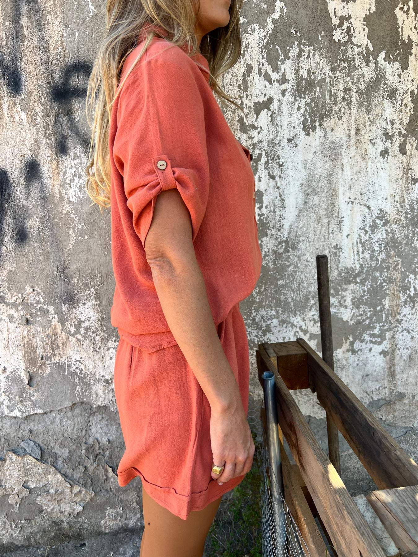 Orange Summer Cotton and Linen Short-sleeved Suit