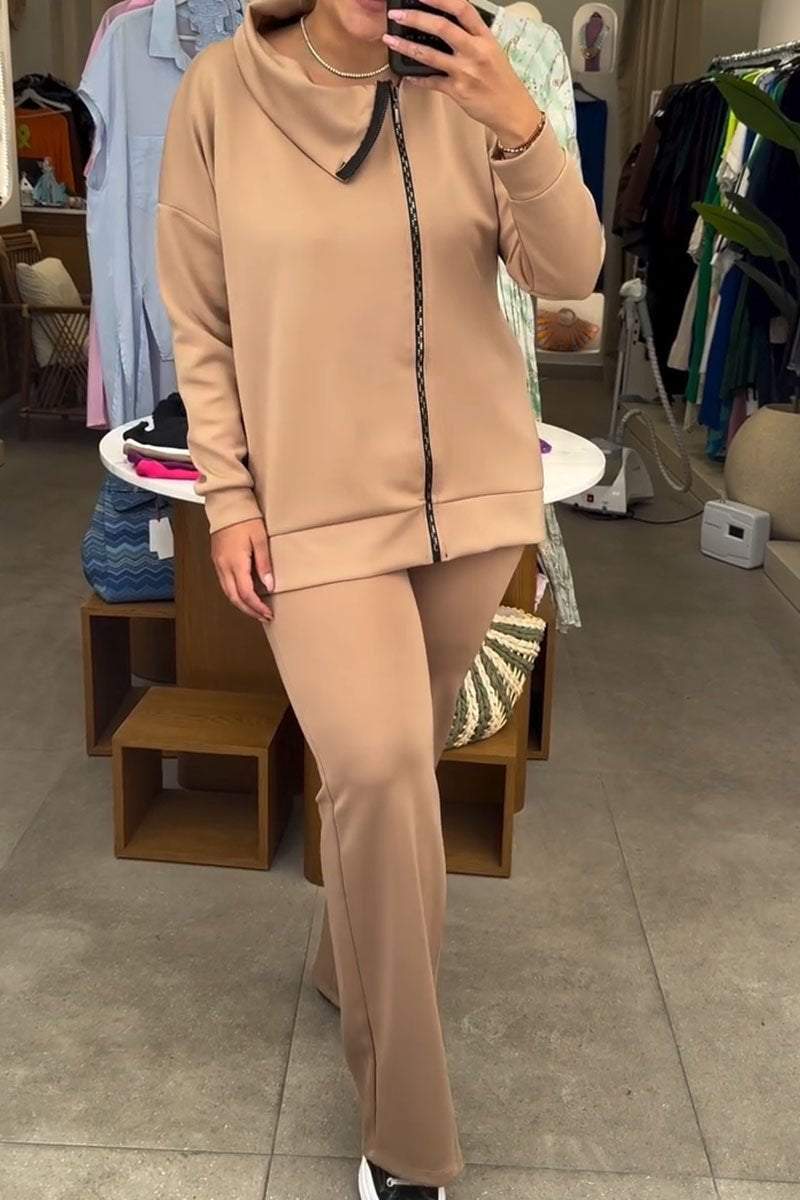 Women's Casual Irregular Neckline Zipper Solid Color Suit