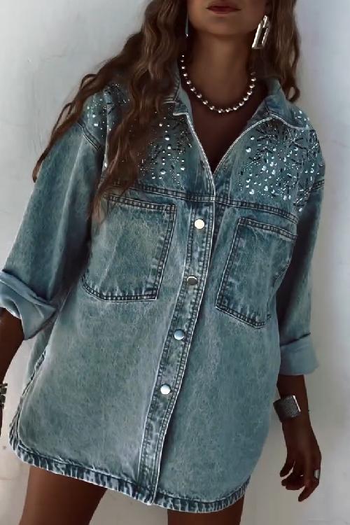 Women's Lapel Rhinestone Button Casual Denim Shirt