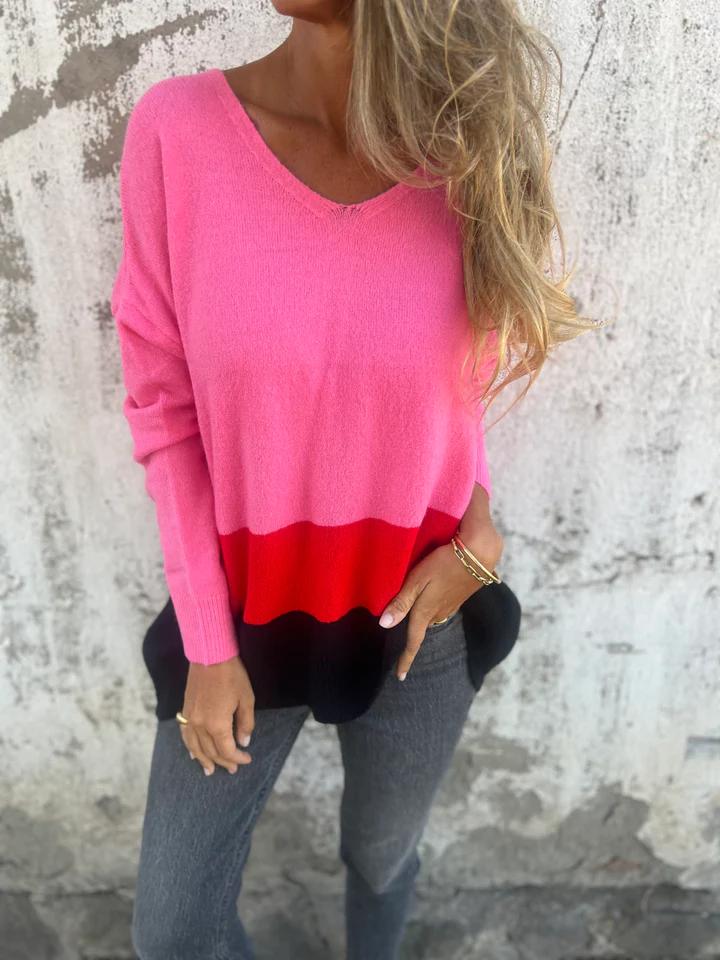 Casual V-neck Color Block Top