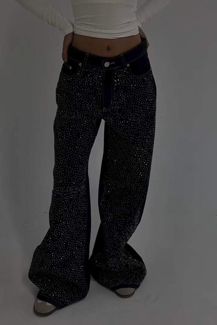 Women's Fashion Rhinestone Mid-Rise Wide-Leg Jeans