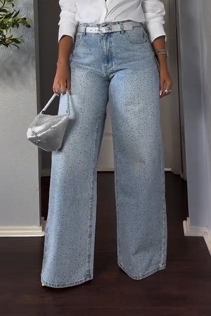 Women's Fashion High Waist Rhinestone Wide Leg Jeans