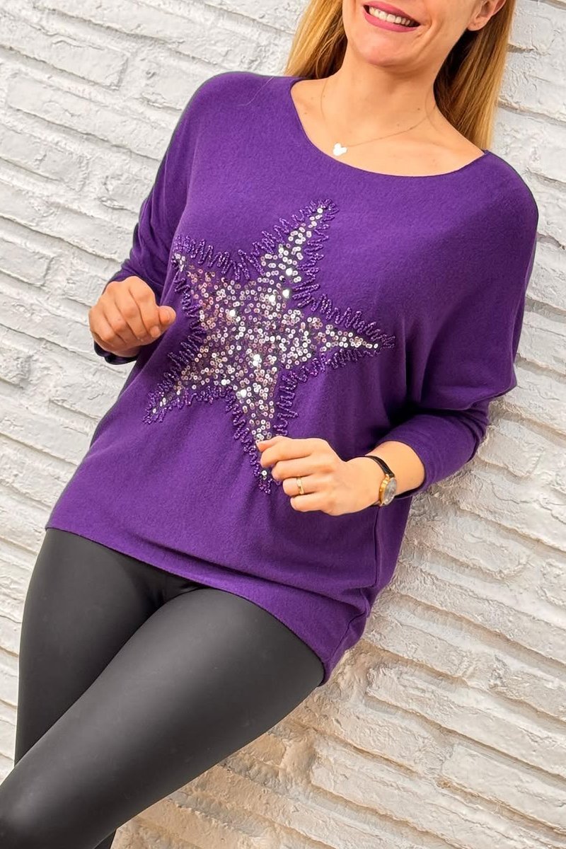 Women's casual with sequins and stars round neck T-shirt