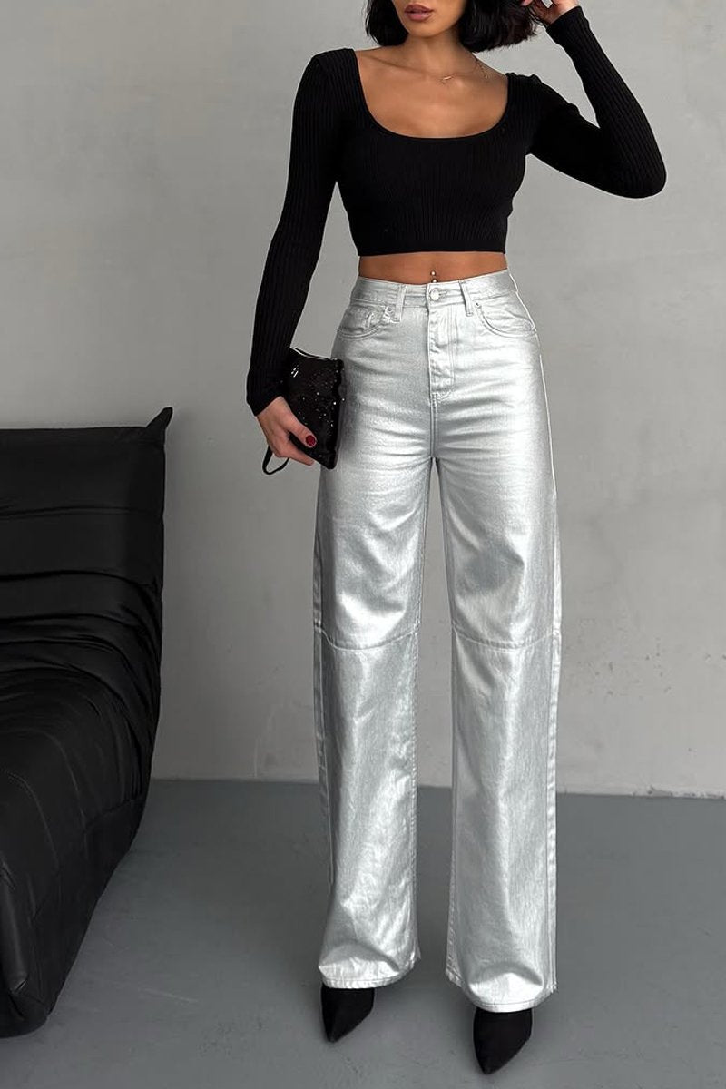 Women's Fashion Metallic Coated Jeans