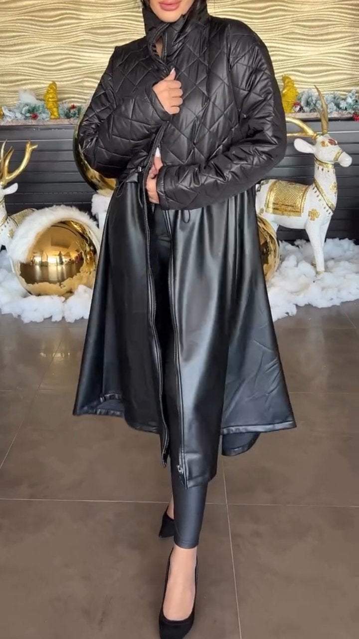 Women's Stand Collar Leather Long Coat